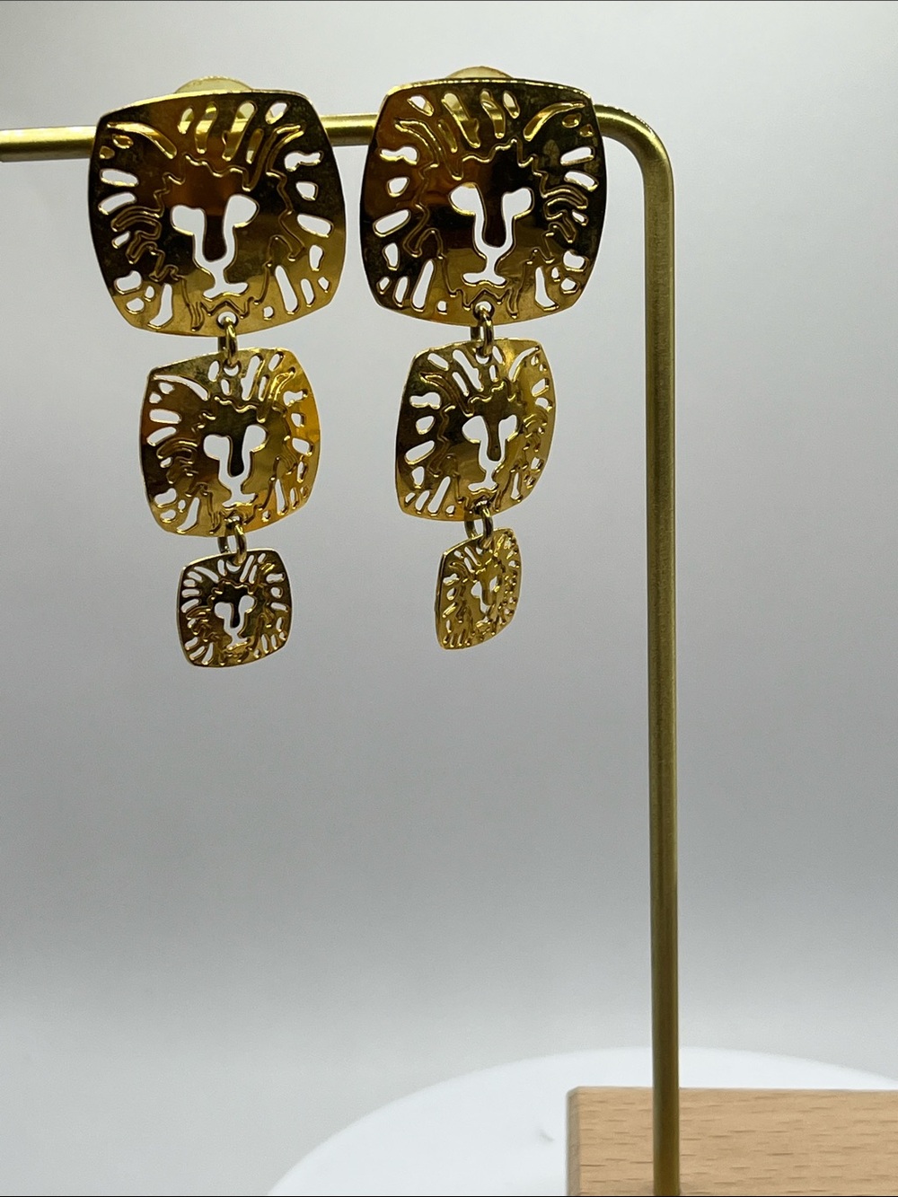 Anne Klein Gold Lion Motif Triple Drop Earrings Vintage
